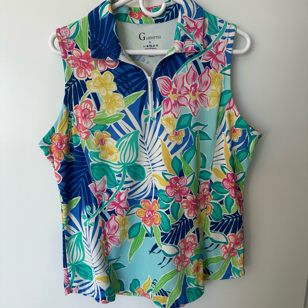 G Lifestyle Multicolor Tropical Floral Sleeveless Zip Polo